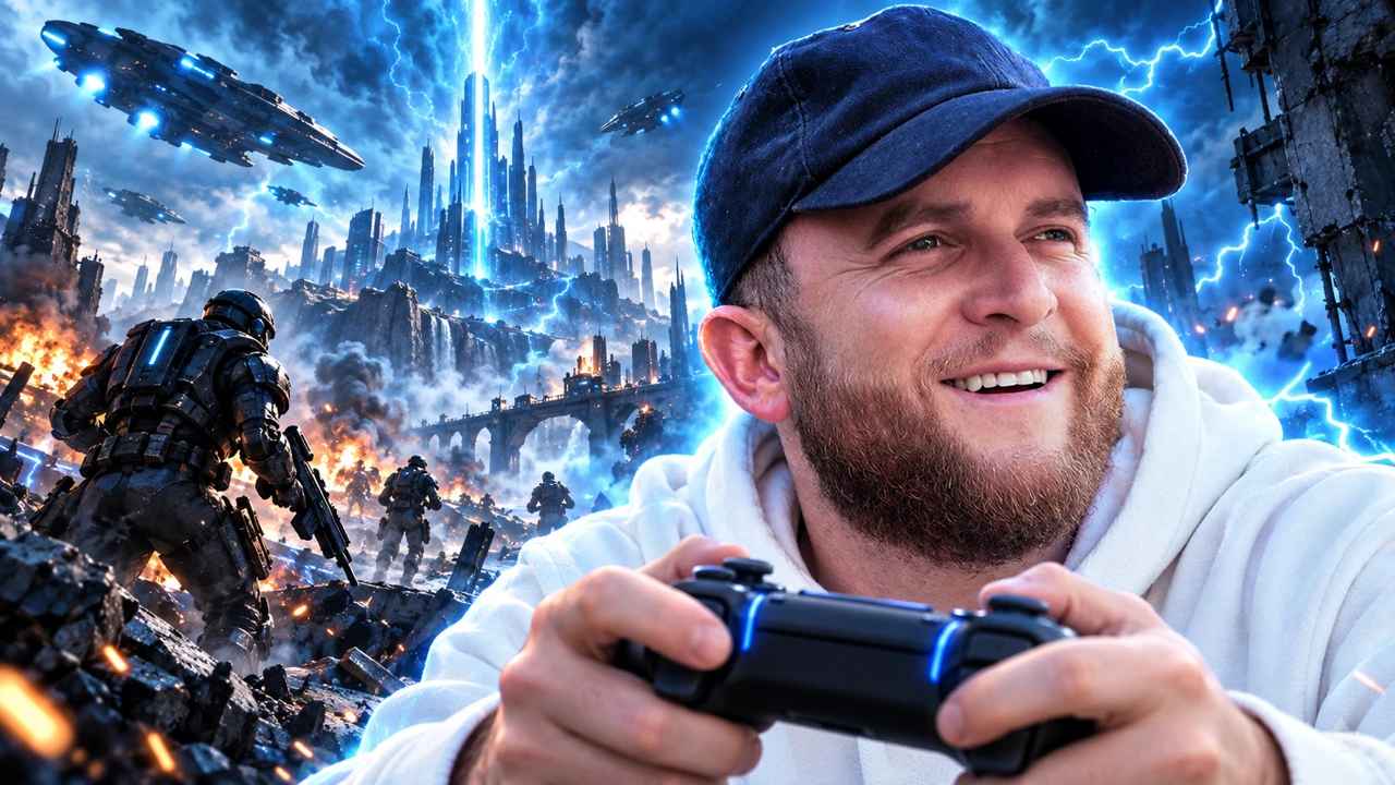 Blue Thunder holding a gaming controller against a blue science fiction gaming backdrop in the supplied image